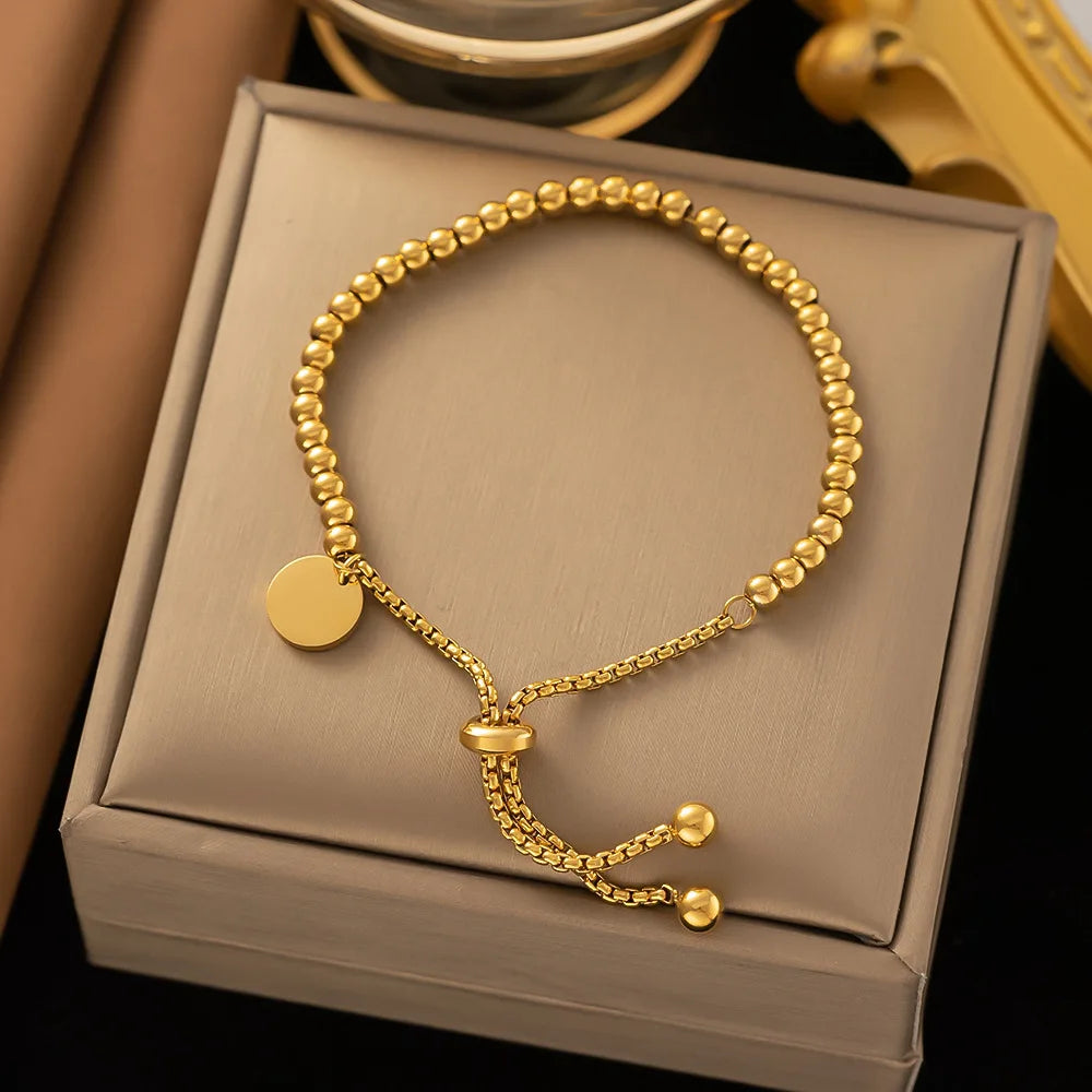 Golden Bead Adjustable Stainless Steel Bracelet – Women’s Fashion