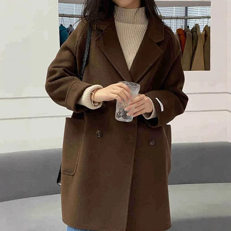 Veste Femme Grande Taille Mi-Longue – Laine Double-Face, Simple Boutonnage, Coupe Large, Style Coréen, Col Costume