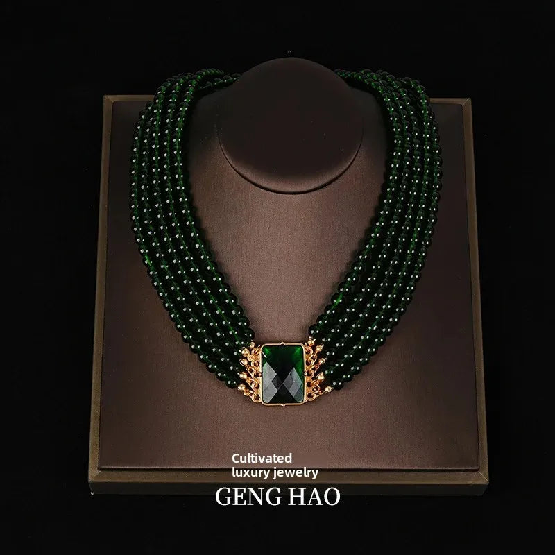 Vintage Green Crystal Layered Necklace & Earrings Set