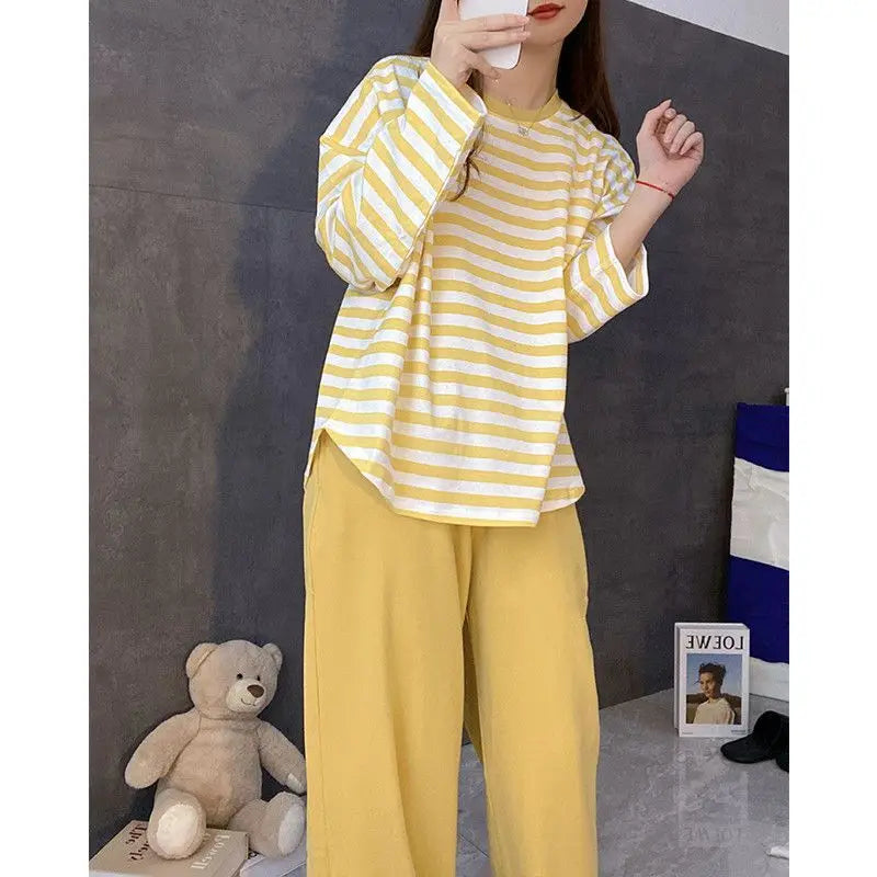 Women’s Striped Long Sleeve Plus-Size Pajamas – O-Neck Casual Homewear
