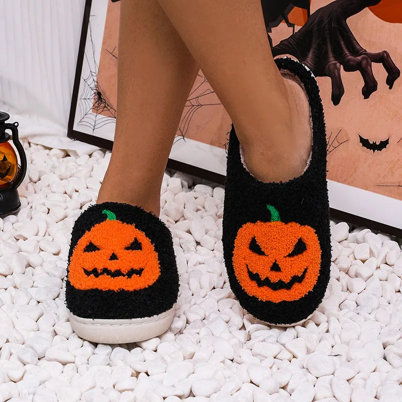 Cozy Halloween Pumpkin Plush Slippers – Women's Non-Slip Indoor Winter Slides