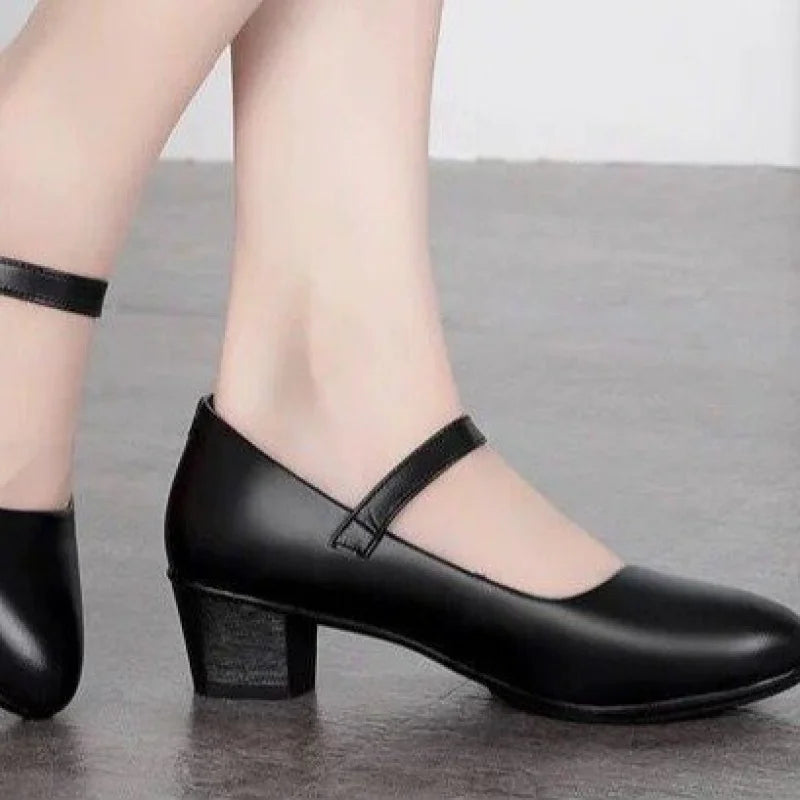 Women's Medium Heel Leather Pumps – Comfortable Non-Slip Daily Wear