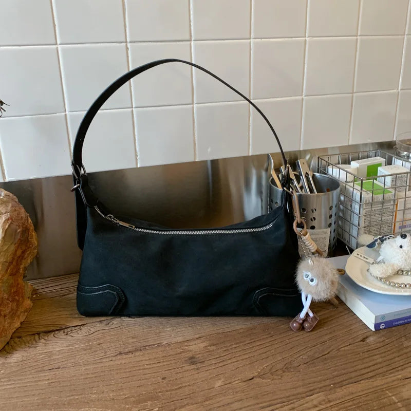 Trendy Suede Leather Underarm Bag – Retro Motorcycle Style for Women