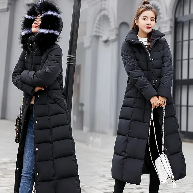 Veste Femme Coréenne Épaissie – Longue, Col Fourrure, Slim, Capuche, Coton Hiver