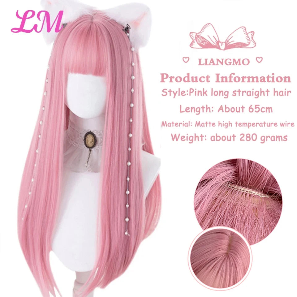 LM Cosplay Wig – 24" Long, Straight Pink, Bangs, Heat-Resistant