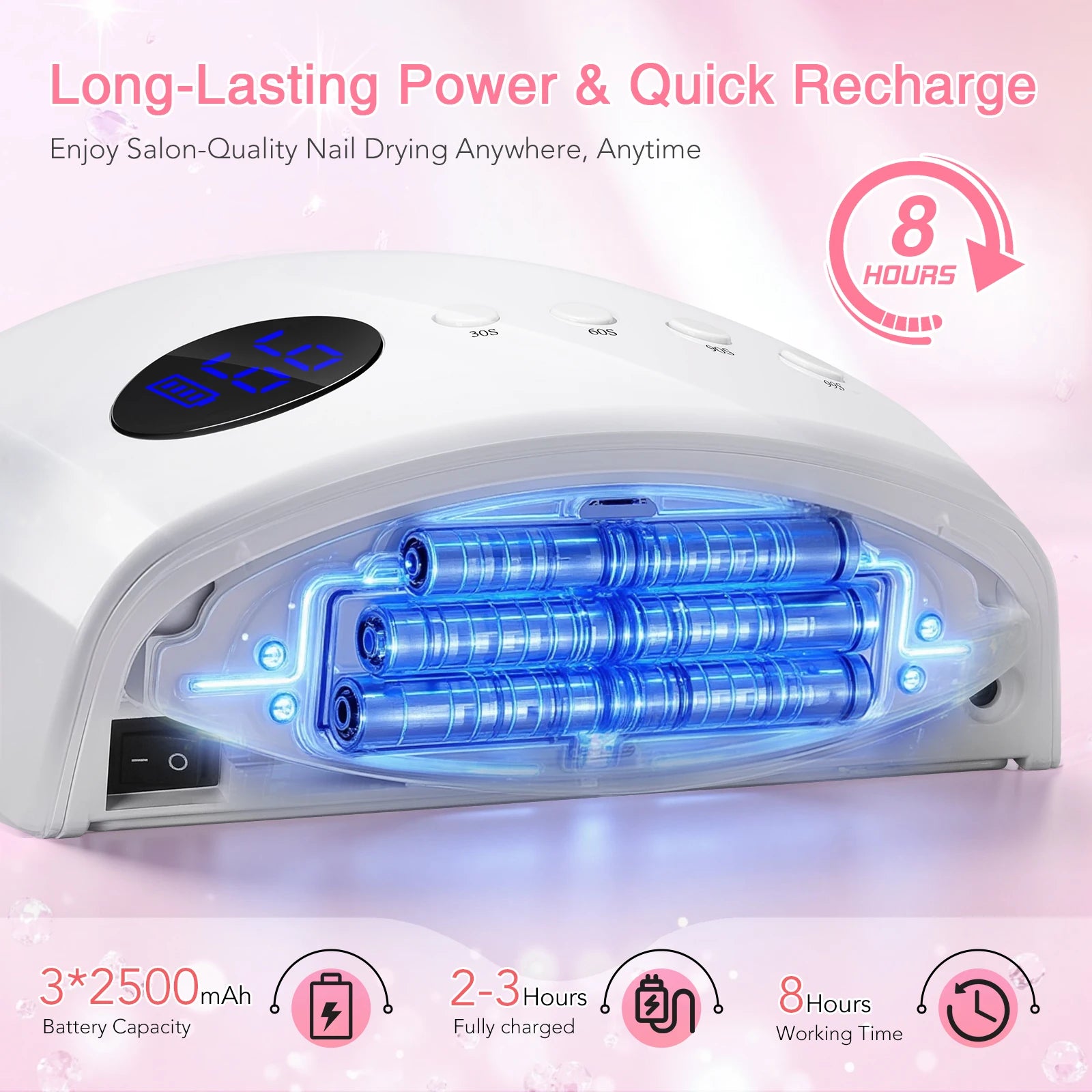DianaBeauty UV LED Nail Lamp – Rechargeable, Cordless, 4 Timer Modes, 7500mAh Battery