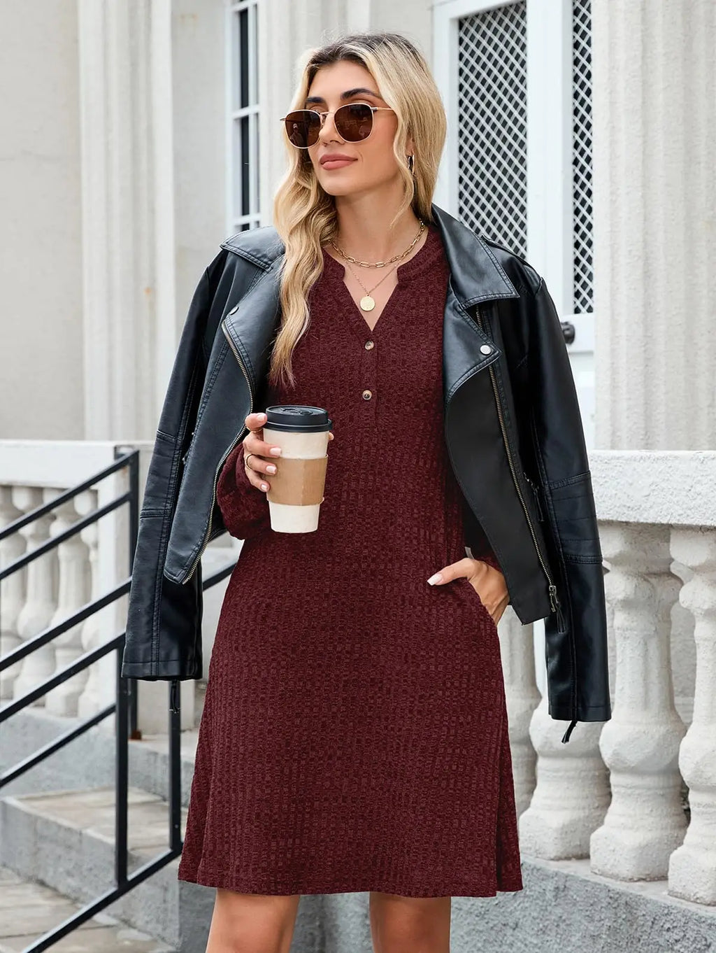 ZAFUL Women’s Long Sleeve V-Neck Knit Dress