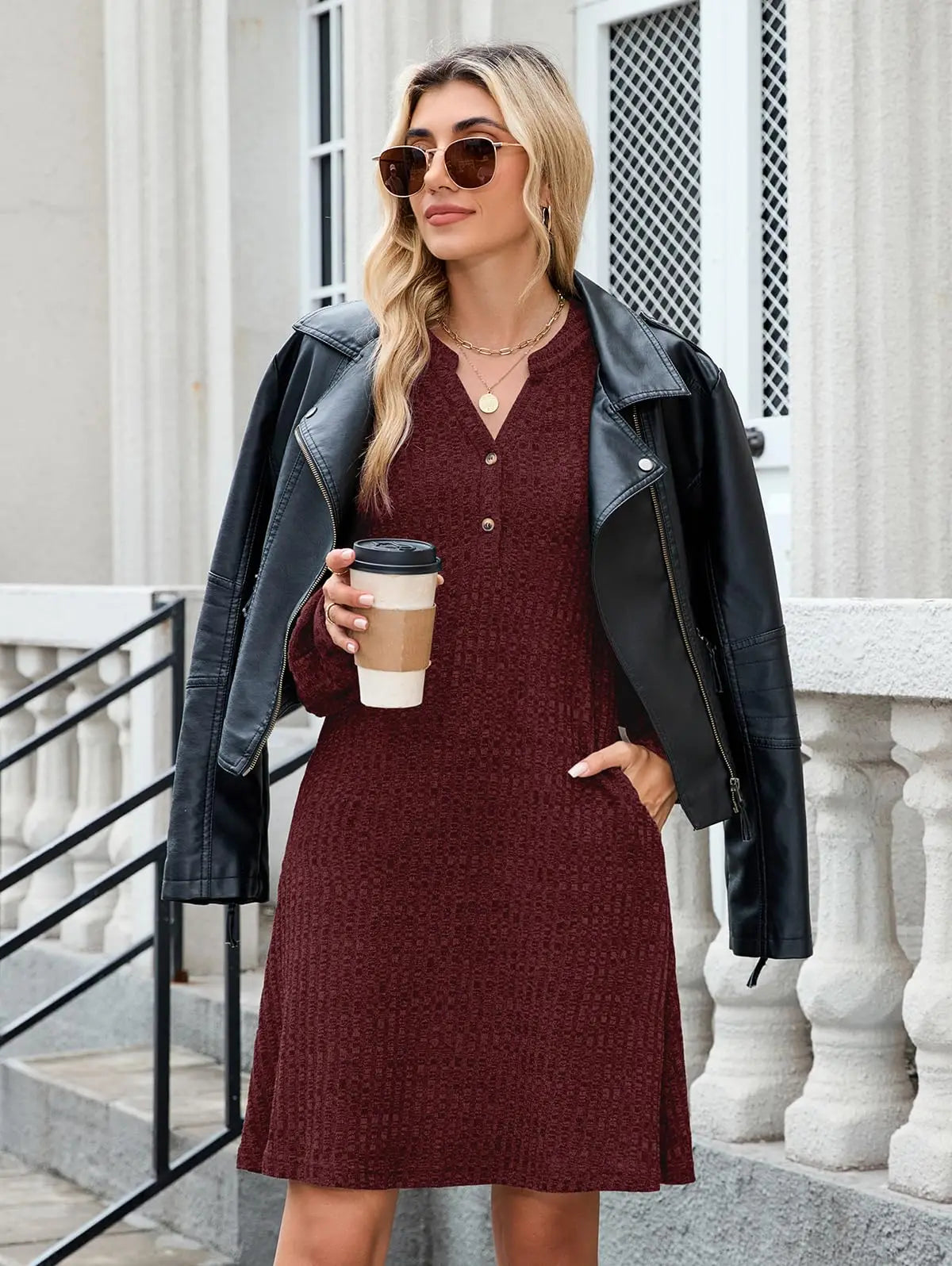 ZAFUL Women’s Long Sleeve V-Neck Knit Dress