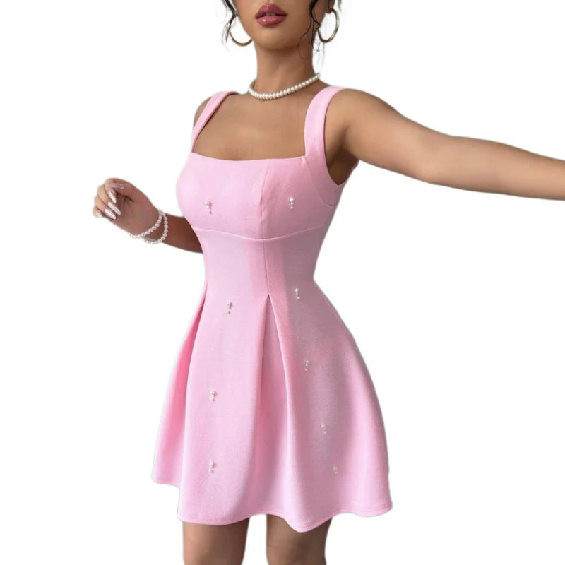 Summer Women Pink Pearl A-Line Dress