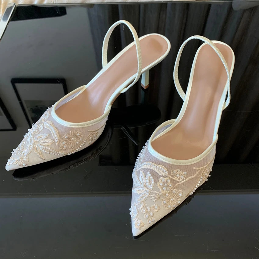 Designer White Mesh Floral Slingback High Heels – Women’s Wedding Pumps