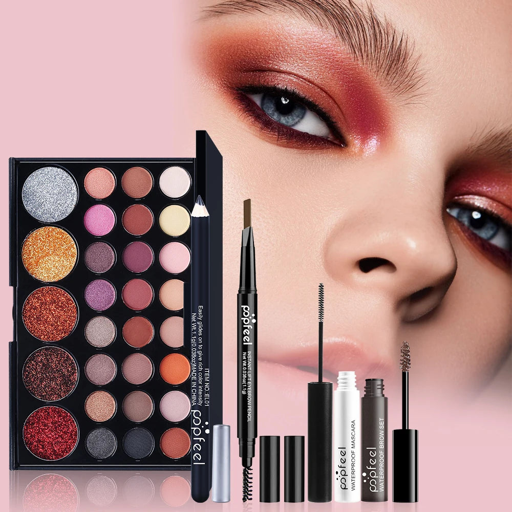 All-in-One Makeup Kit – Full Set, Nude Eyeshadow, Foundation, Primer, Brushes & Lip Gloss, Gift for Women & Teens