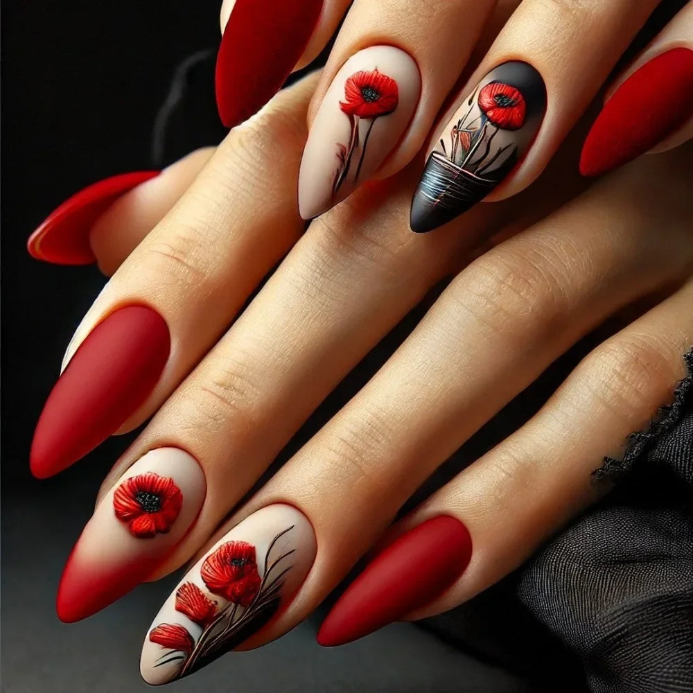 24pcs Matte Almond Press-On Nails with Rose Leaf Design