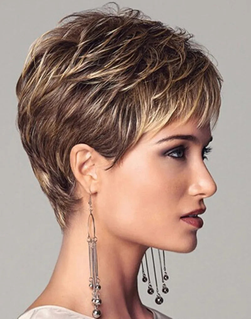 Short Dark Brown Wig – Blonde Highlights, Pixie Cut, Synthetic Layered, Bangs, Natural Look