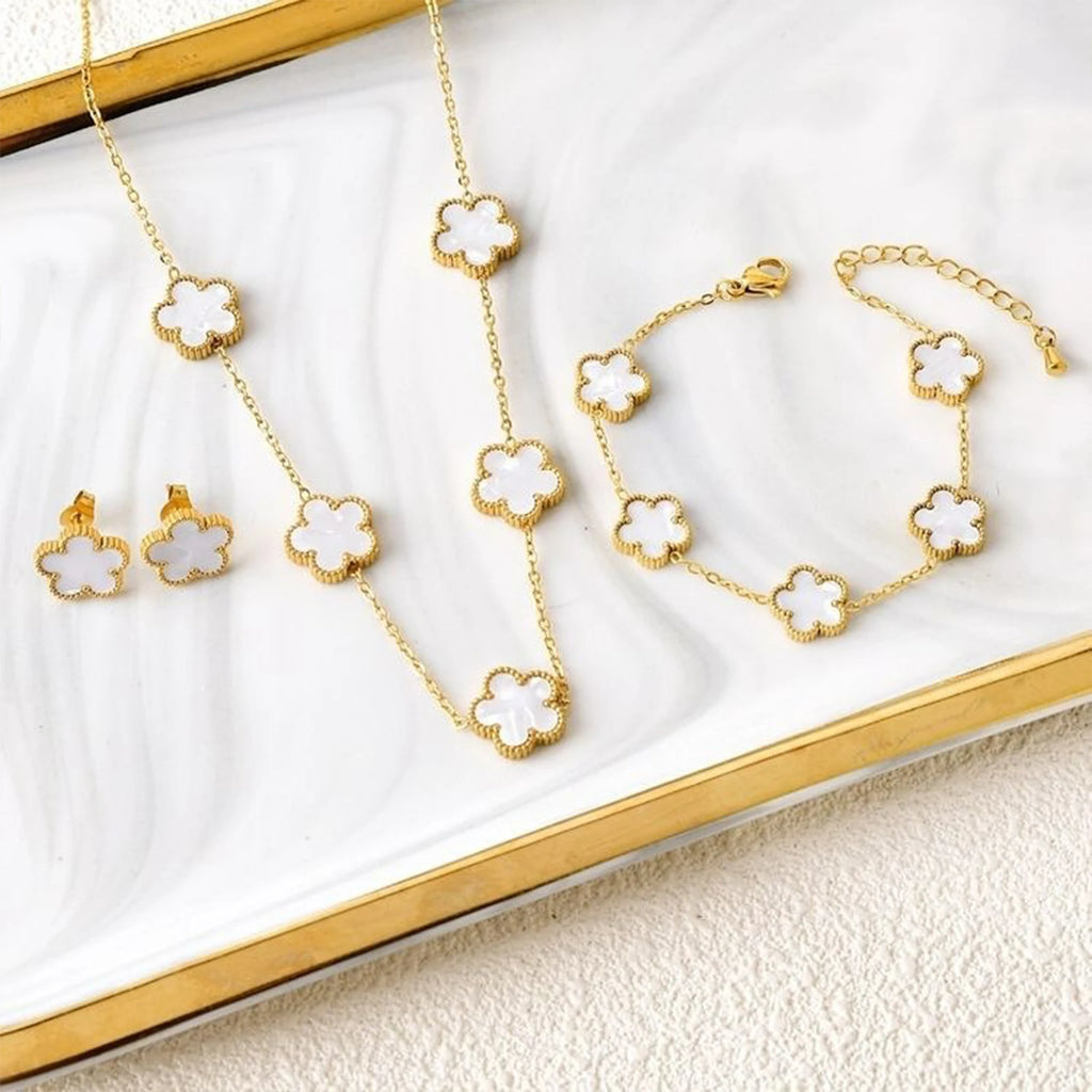 Clover Five Leaf Flower Stainless Steel Jewelry Set
Luxury Bracelet, Necklace & Earrings for Women