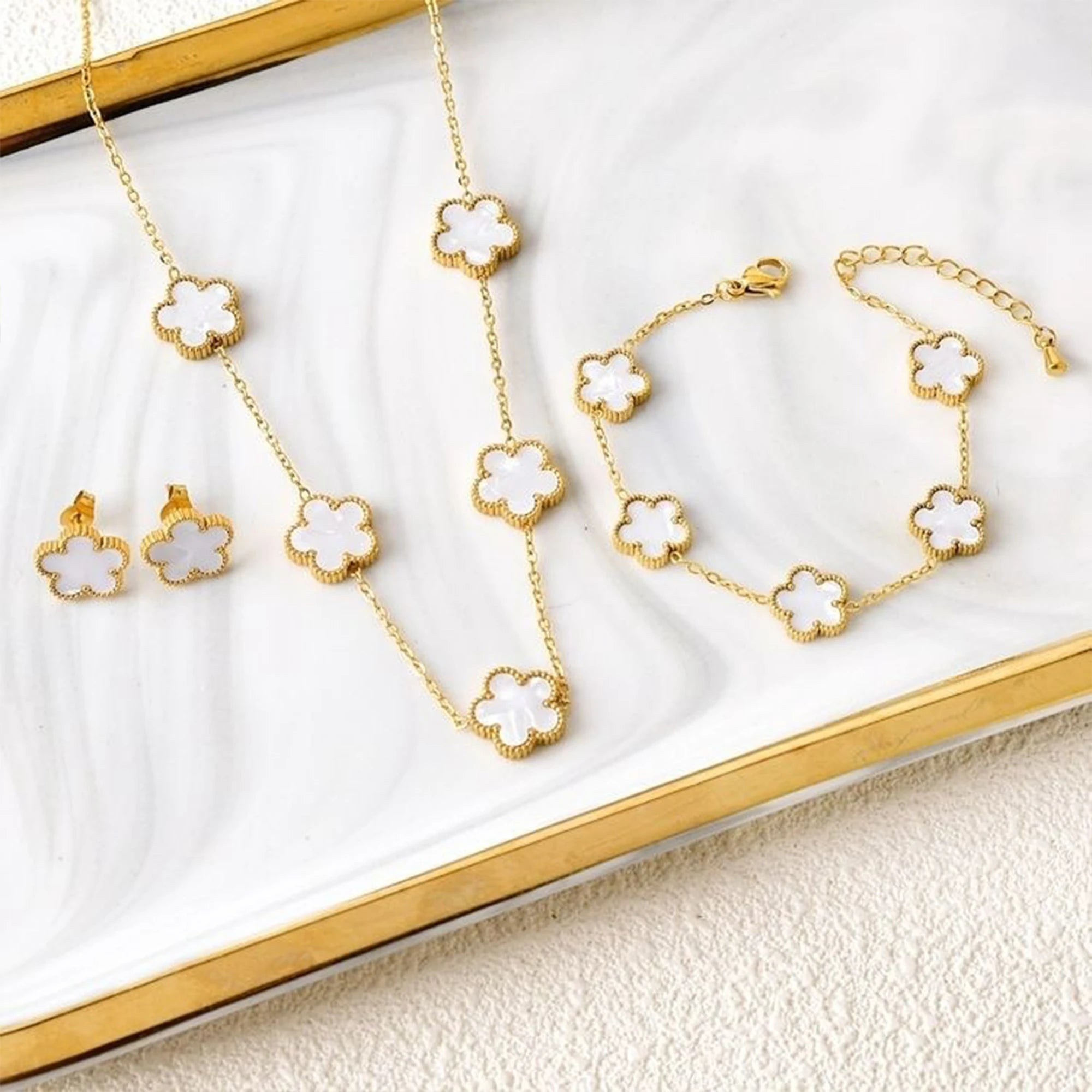 Clover Five Leaf Flower Stainless Steel Jewelry Set
Luxury Bracelet, Necklace & Earrings for Women