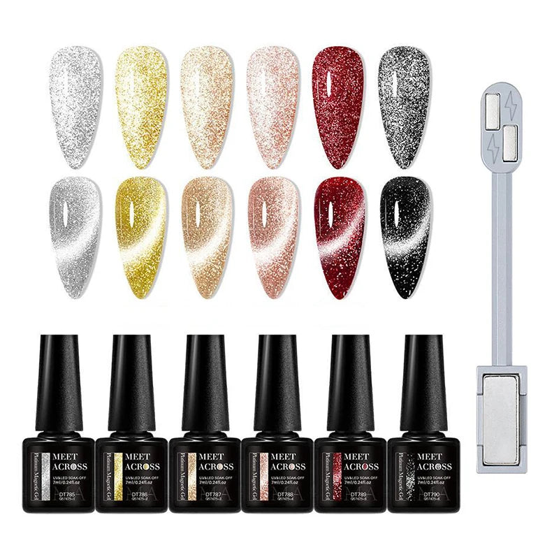 MEET ACROSS 7PCS Cat Magnetic Gel Nail Kit – Semi-Transparent Blue, Sparkling, UV Soak-Off