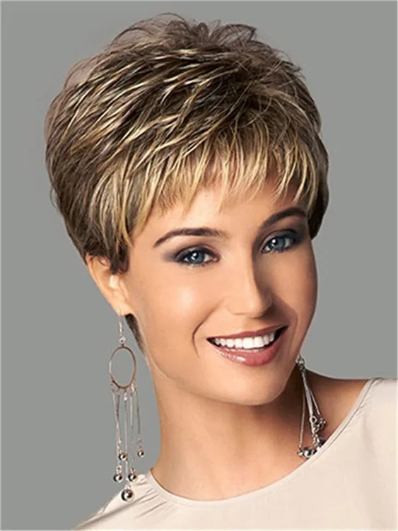 Short Dark Brown Wig – Blonde Highlights, Pixie Cut, Synthetic Layered, Bangs, Natural Look