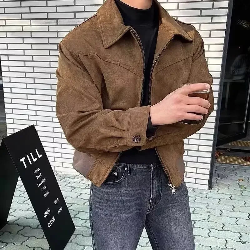Men's Vintage Leather Jacket – Chamois, Brown Coffee, Cropped Lapel, Autumn/Winter, American Style