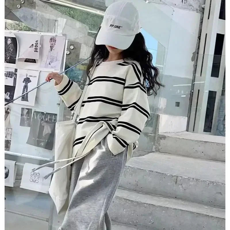 Korea Style Kids Outfit 2025 – 2-Piece, Long Sleeve Striped Top & Loose Pants, Girls 6–14Y
