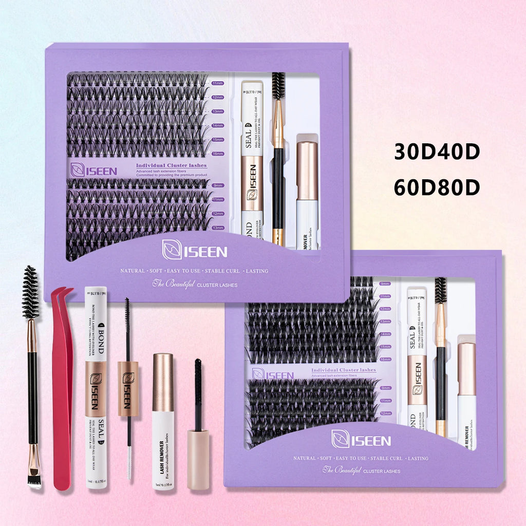 ISEEN DIY Lash Extension Kit – Mixed Styles, Clusters, Includes Bond & Seal, Tweezers & Brush