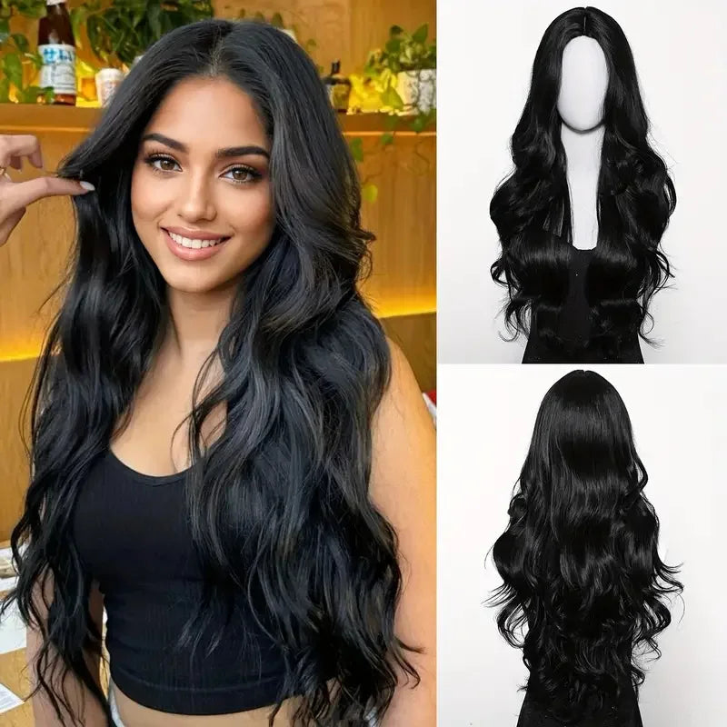 Black Synthetic Wig – Long Wavy, Middle Part, Heat-Resistant, Party & Daily Use