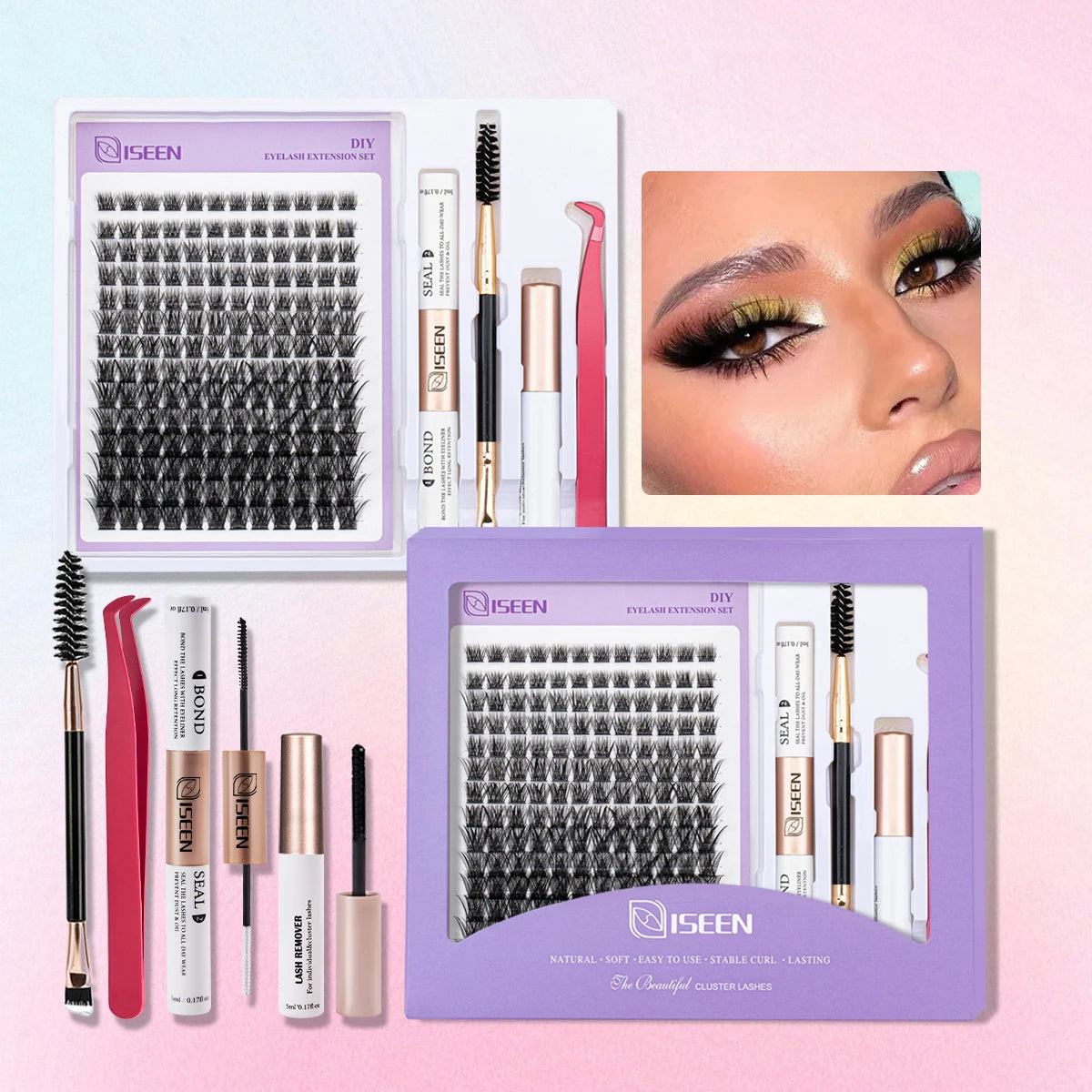 ISEEN DIY Lash Extension Kit – Mixed Styles, Clusters, Includes Bond & Seal, Tweezers & Brush
