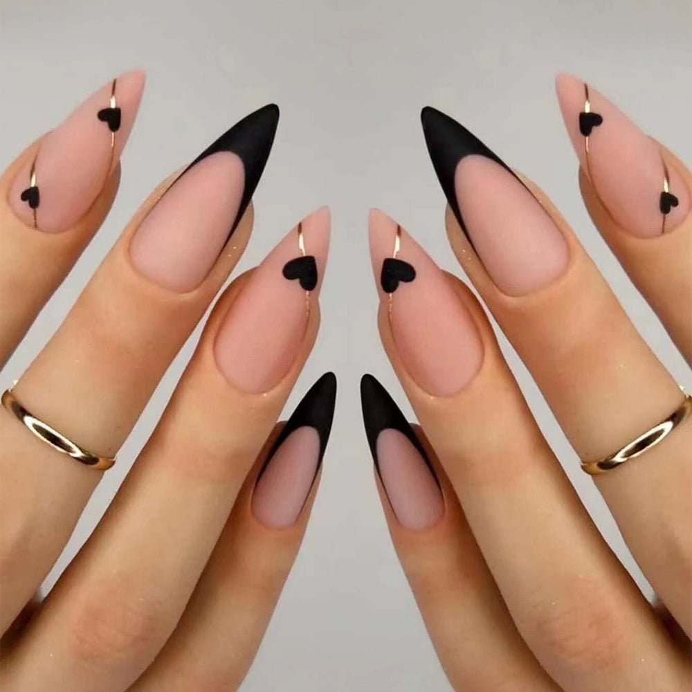 24PCS Black French Fake Nails – Pointed Almond, Heart Design & Gold Line, Acrylic