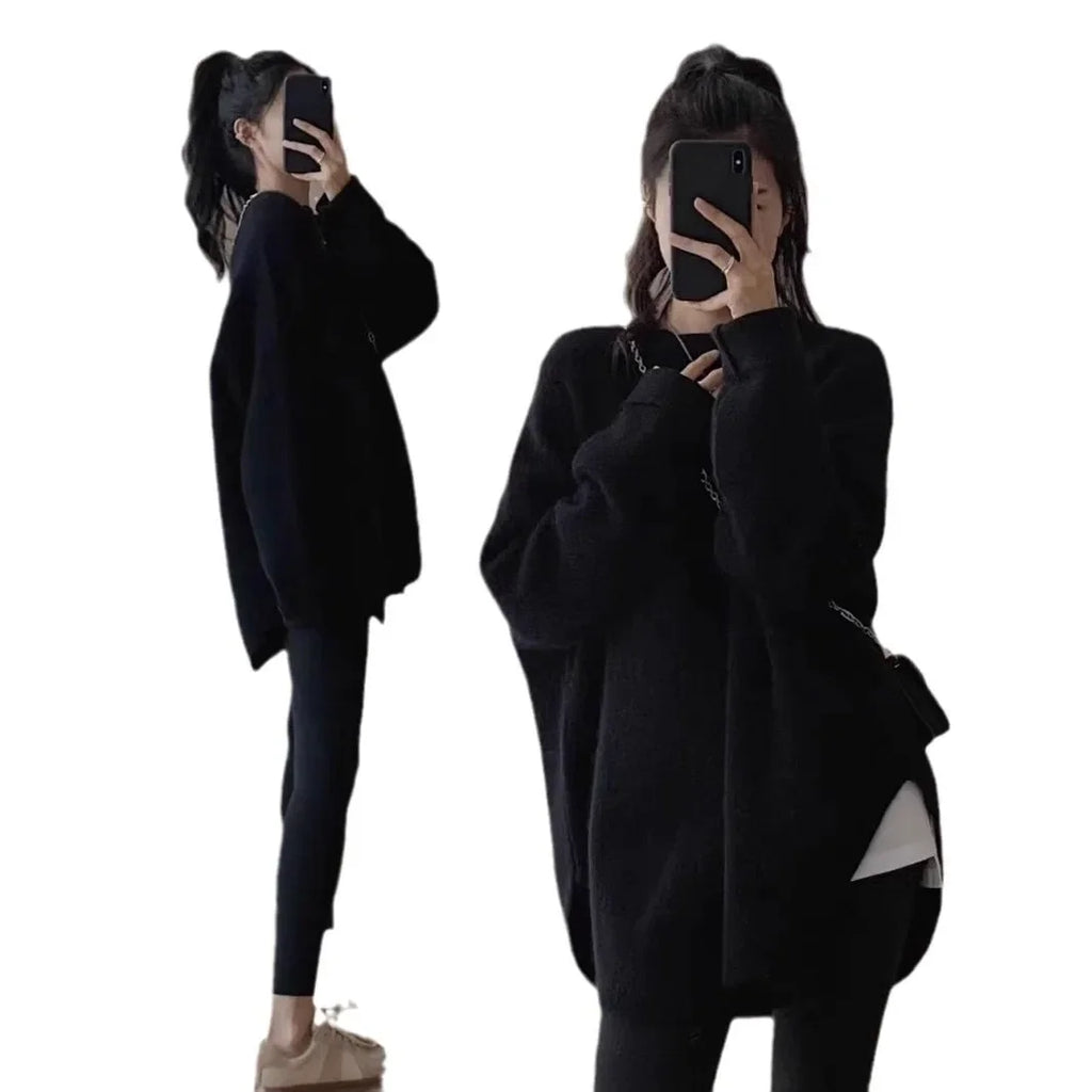 White Pull Femme Tricot – Loose Long Sleeve, Autumn/Winter, Lazy Style, Polyester Fiber