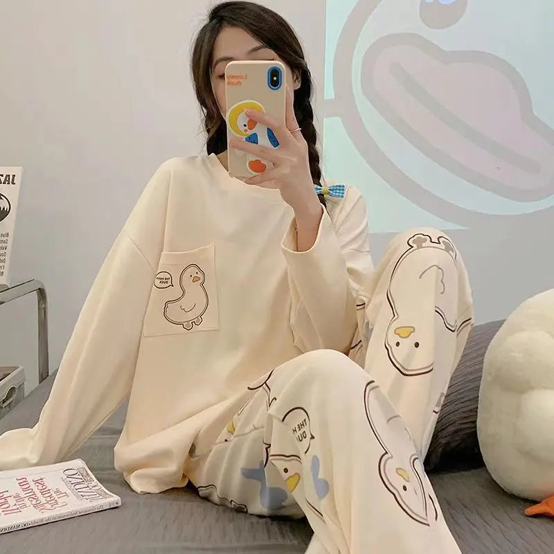 Women’s Cartoon Long-Sleeve Pajamas – Spring & Autumn Homewear Loose Fit