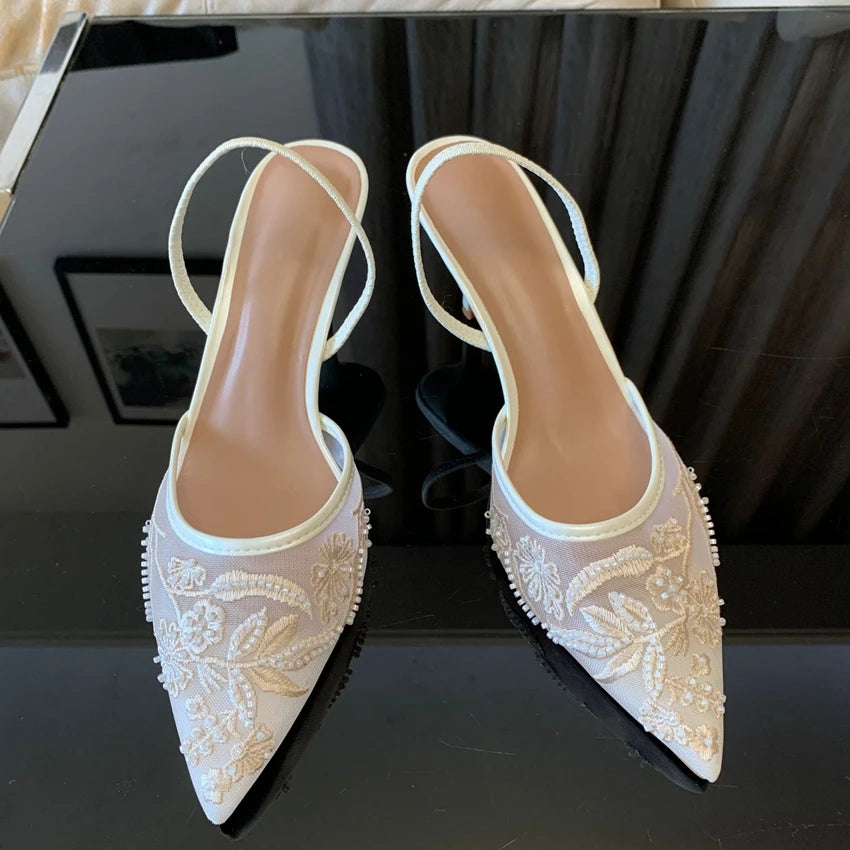 Designer White Mesh Floral Slingback High Heels – Women’s Wedding Pumps