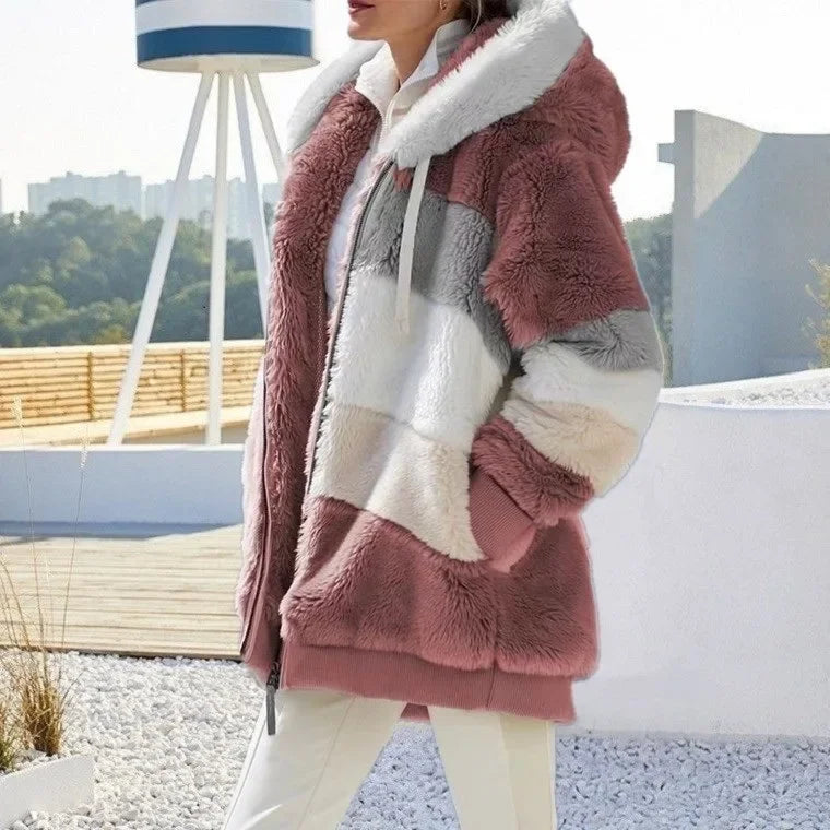 Veste Femme Oversize Polaire – Capuche, Zippée, Poches, Patchwork, Automne/Hiver, Confortable
