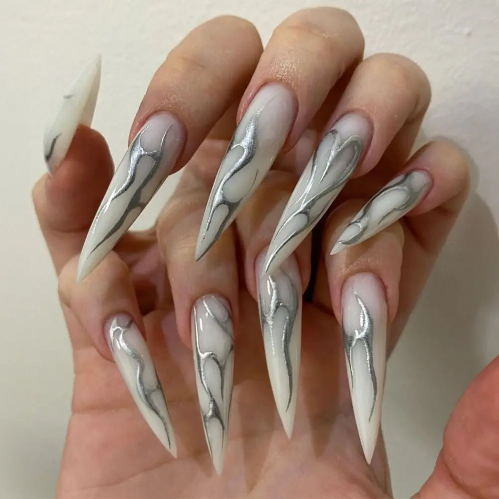 24PCS Stiletto French Fake Nails – White Edge, Aurora, Full Cover, Press-On, DIY Detachable