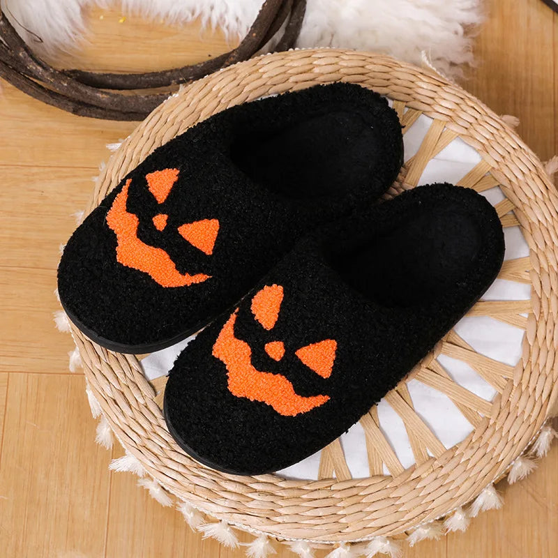 Cozy Halloween Pumpkin Plush Slippers – Women's Non-Slip Indoor Winter Slides