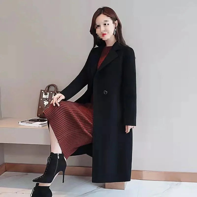 Manteau Femme Grande Taille Mi-Long – Laine, Coupe Ample, Style Coréen, Printemps/Automne, Polyester Épaissi