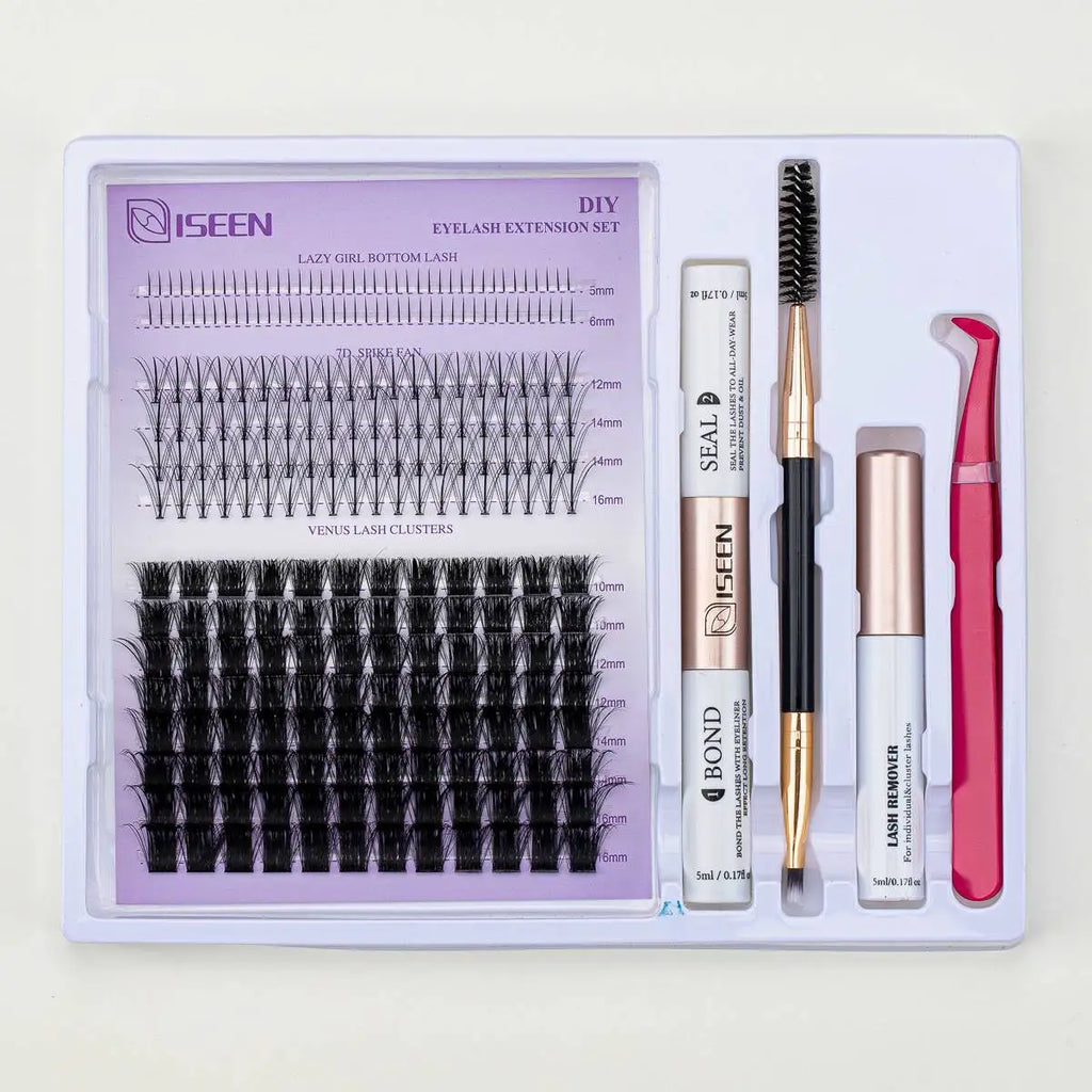 ISEEN DIY Lash Extension Kit – Mixed Styles, Clusters, Includes Bond & Seal, Tweezers & Brush