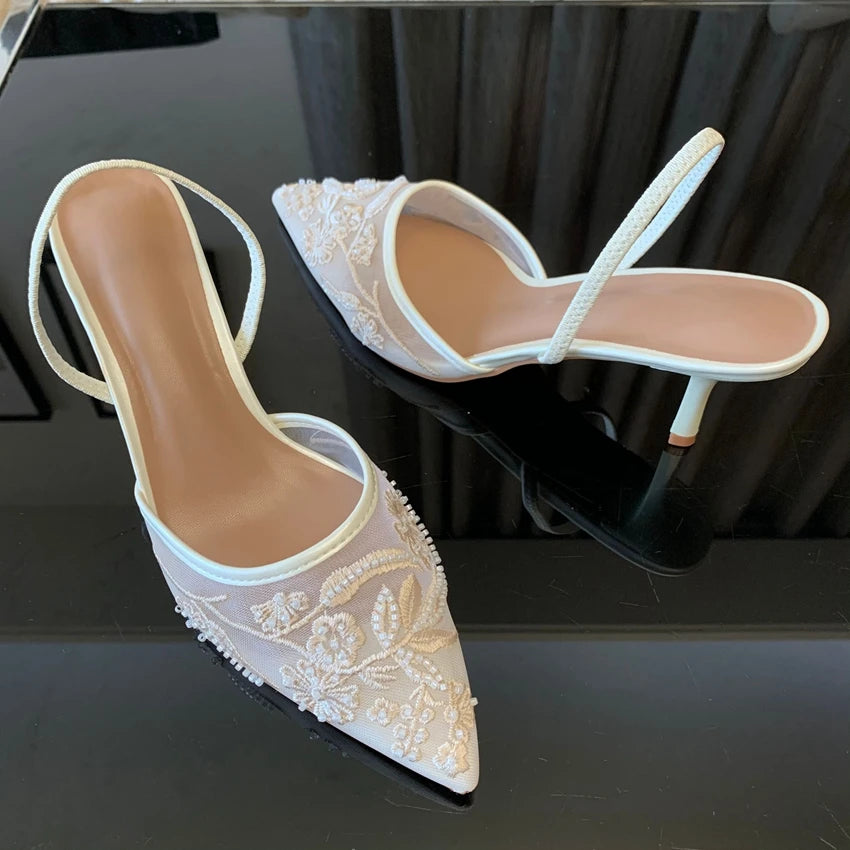 Designer White Mesh Floral Slingback High Heels – Women’s Wedding Pumps