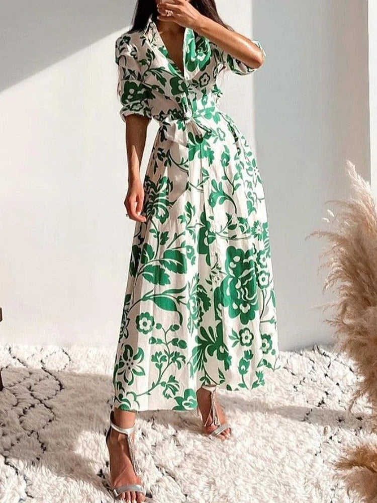 Autumn Women's Printed Lapel Shirt Dress