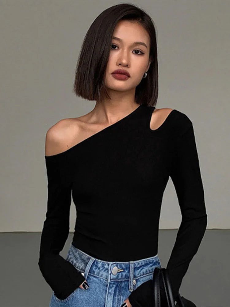 Women’s Off-Shoulder Long Sleeve Crop Top – Slim Fit Hollow Out Tee