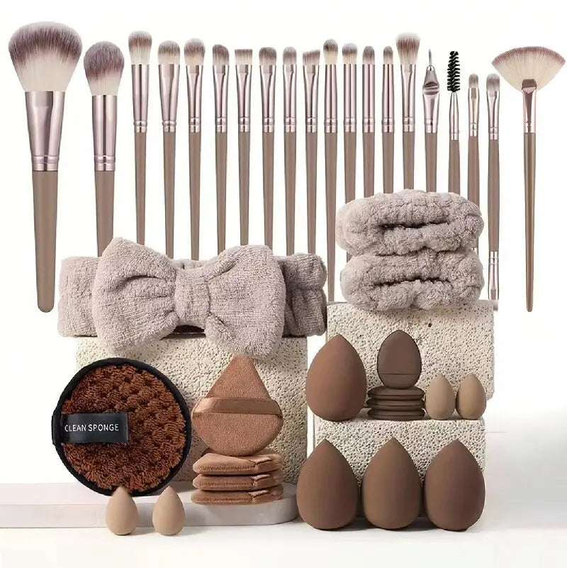 56PCS Makeup Brush Set – Full Face, Eyeshadow Blending, Includes Beauty Sponge, Chocolate Color