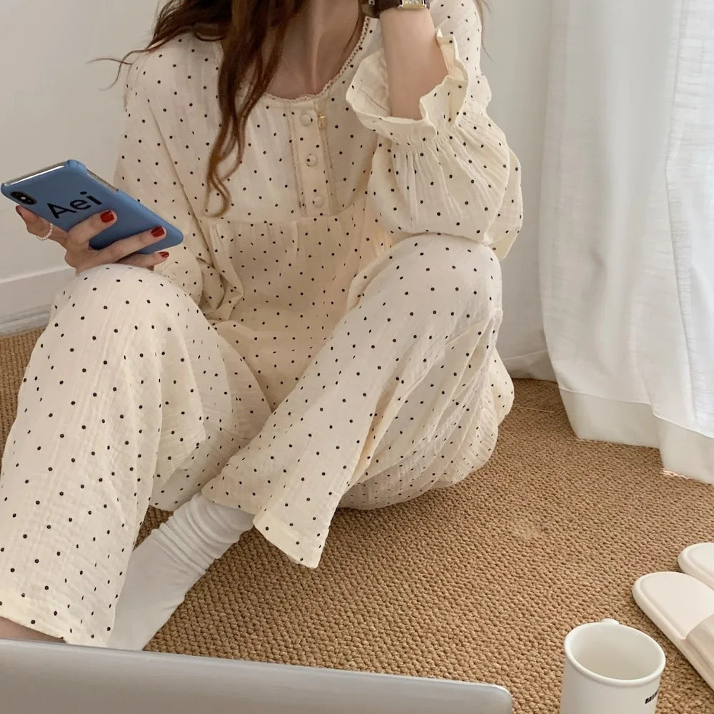 Ladies’ Korean-Style Long Sleeve & Pants Pajama Set – Loose Homewear