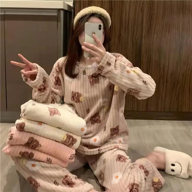 Cute Bear & Rabbit Pink Velvet Pajama Set