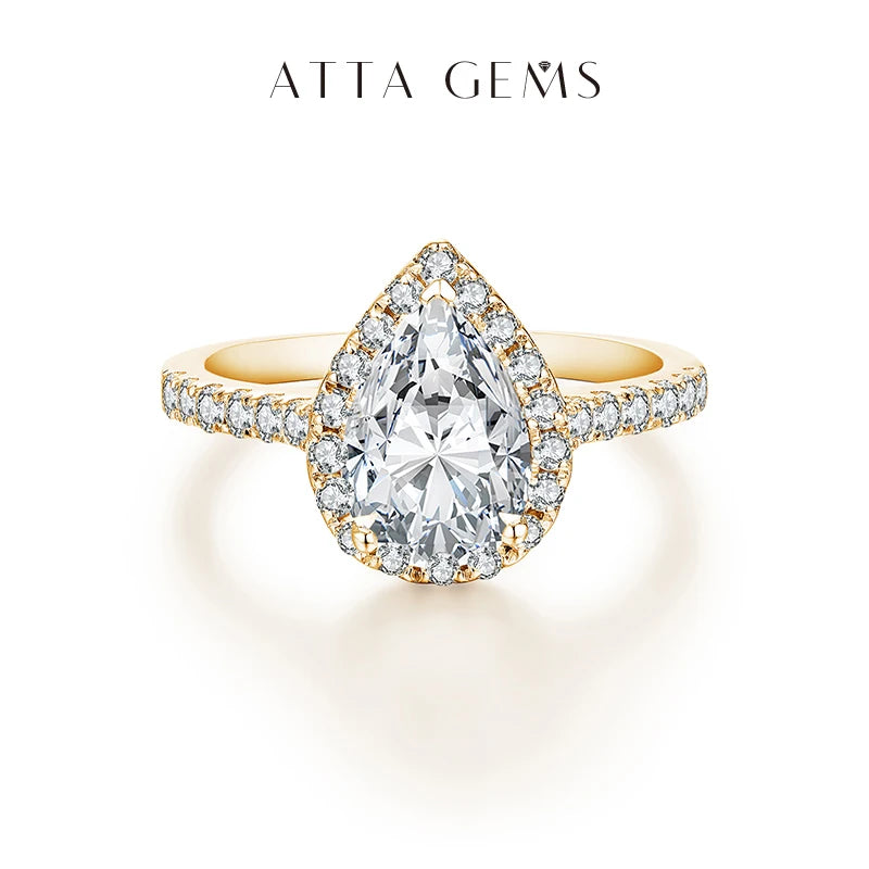 ATTAGEMS Pear Cut 2.0CT D Color VVS1 Luxury Moissanite Ring 925 Sterling Silver Pure 18K 14K 10K Gold Engagement Ring for Women