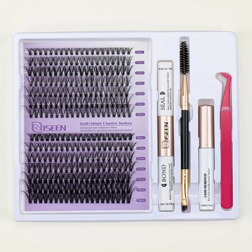 ISEEN DIY Lash Extension Kit – Mixed Styles, Clusters, Includes Bond & Seal, Tweezers & Brush