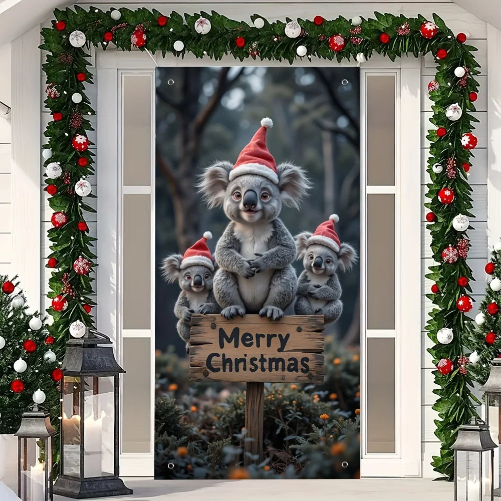 🧸 Festive Koala Christmas Door Banner – Rideau de Noël Joyeux
