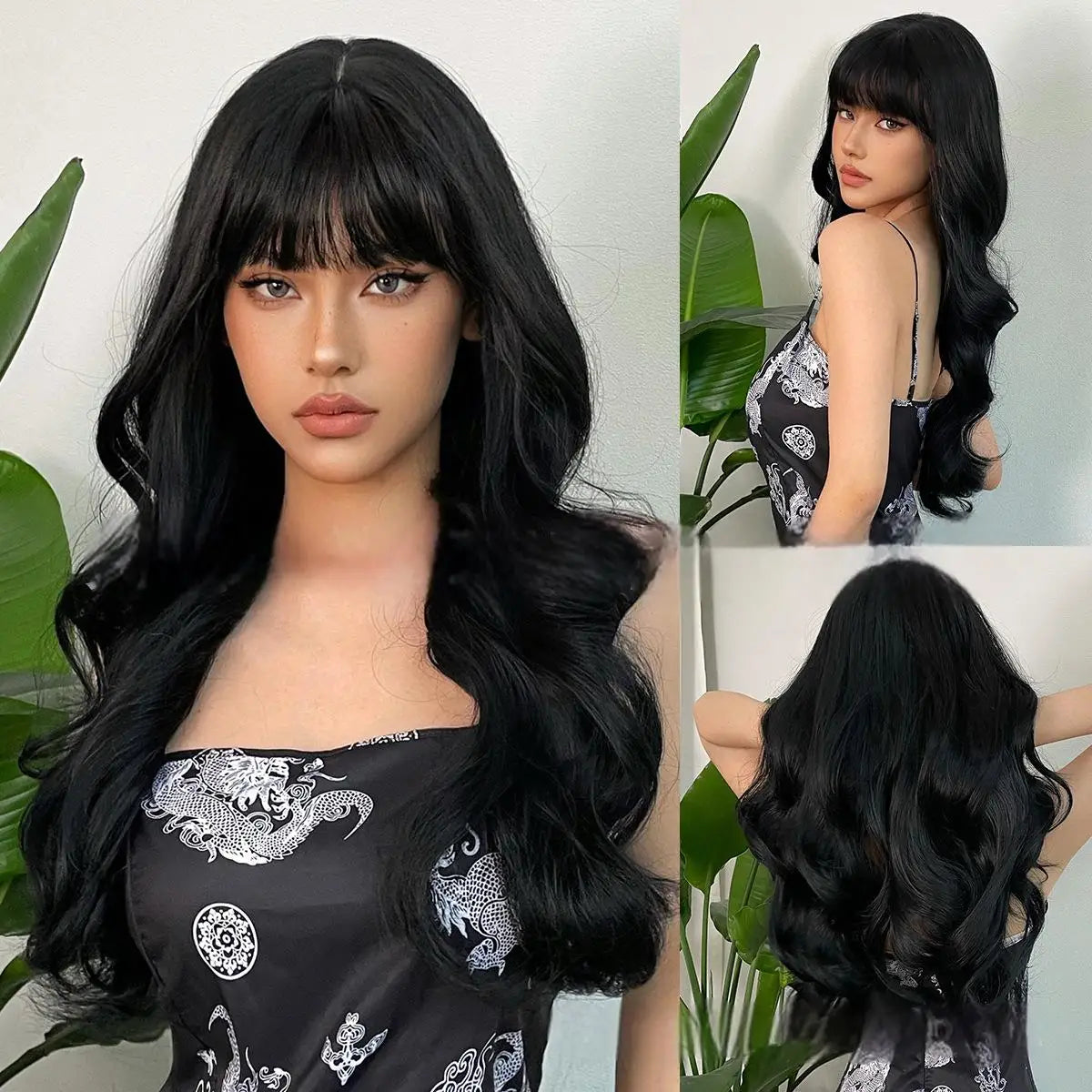 Wine Red Synthetic Wig – Long Curly, Big Waves, Bangs, Heat-Resistant, Full Head