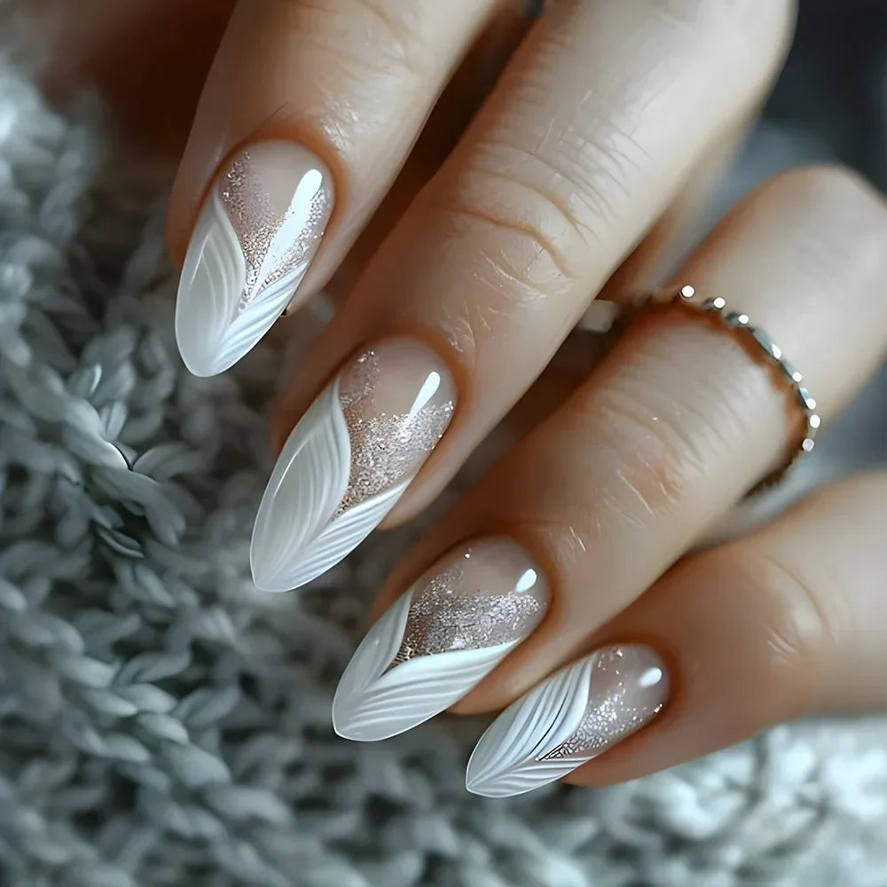 24pcs Matte Almond Press-On Nails with Rose Leaf Design