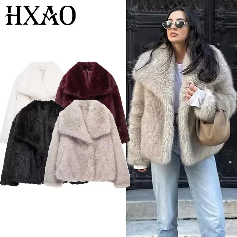 HXAO Manteau Femme – Fausse Fourrure, Fluffy, Automne/Hiver, Blanc/Rouge/Gris/Noir