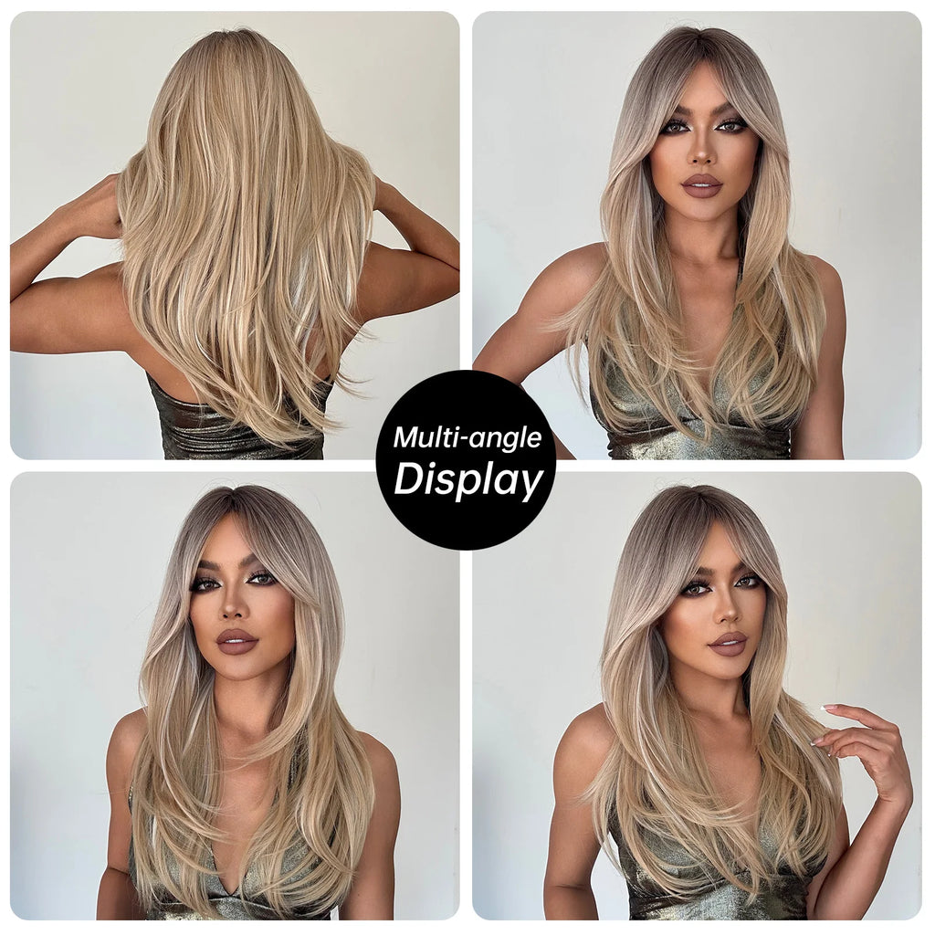 Long Blonde Wig – Straight Layered, Platinum Highlights, Bangs, Synthetic, Heat-Resistant, Daily Use