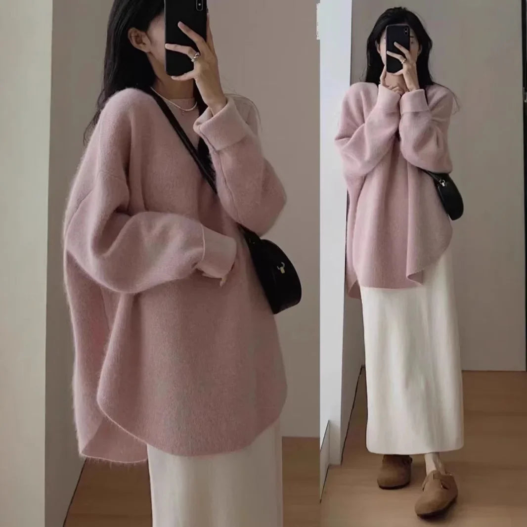 White Pull Femme Tricot – Loose Long Sleeve, Autumn/Winter, Lazy Style, Polyester Fiber