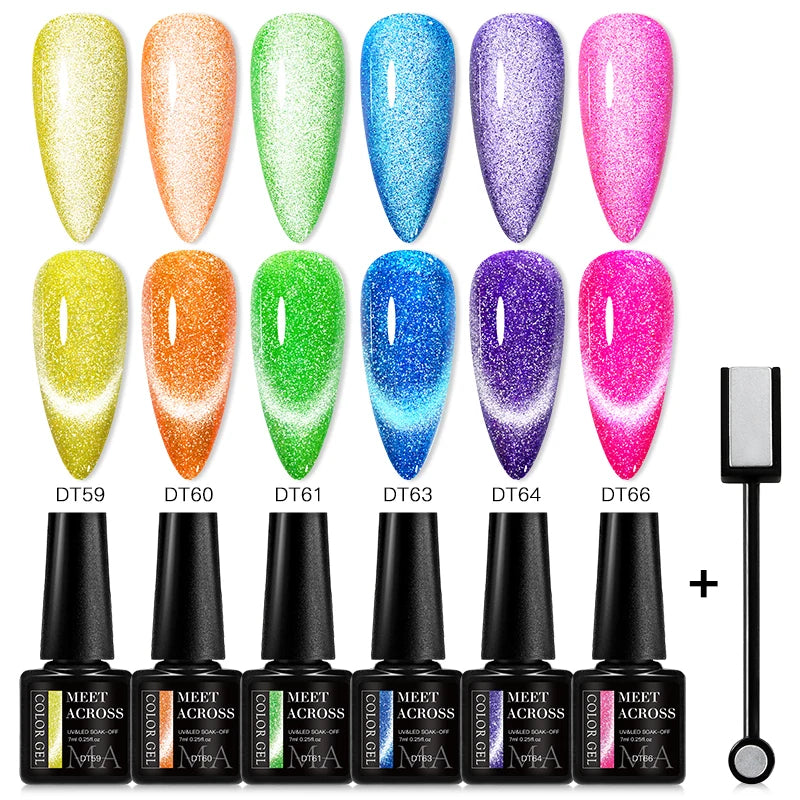MEET ACROSS 7PCS Cat Magnetic Gel Nail Kit – Semi-Transparent Blue, Sparkling, UV Soak-Off